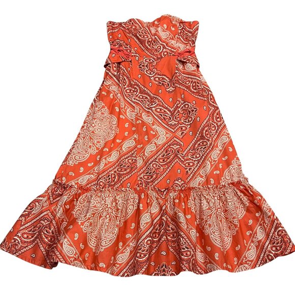 Anthropologie Strapless Bandana Ruffle Midi Dress, Pockets, Red Orange, 4 - Picture 3 of 11
